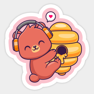 Cute Honey Bear Hug Beehive Honey With Headphone Cartoon Sticker